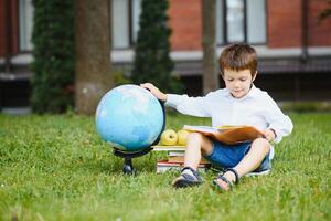 Pupil near school. Boy sitting with a book. photo