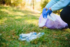 hand puts plastic debris in the garbage bag in the park photo