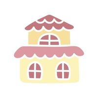 Cute pink and yellow doodle house. Kawaii vector flat illustration isolated on white background. Small beautiful country hut. Simple hand-drawn design element.