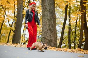 a stylish young girl with long light hair in sunny glasses goes for a walk with a little middle doggy a pug by the French bulldog in a park in spring in autumn photo