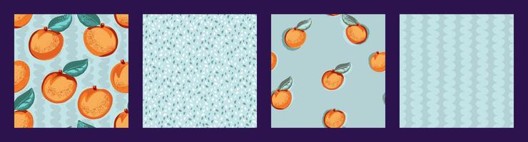 Blue collage of set seamless pattern with stylized apricot or peach, texture shapes, random spots, polka dots, wavy lines. Vector hand drawn sketch.Templates for design, fabric, printing