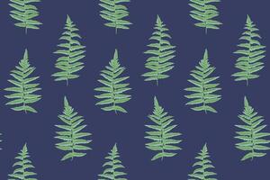 Minimalistic abstract seamless pattern with green shape leaves branches fern on a true blue background. Vector hand drawn sketch. Simple botanical printing with stylized artistic leaf stems.