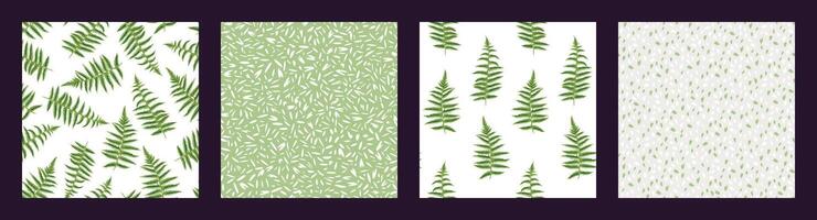 Set of seamless patterns  with abstract stylized branches leaves fern. Vector hand drawn. Green collage simple patterned textured print with random spots, polka dots, drops. Templates for design