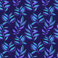 Modern bright violet seamless pattern with abstract minimalist creative branches leaves. Vector hand drawn sketch silhouettes leaf  on a dark blue background. Collage template for printing, patterned