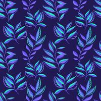 Modern bright violet seamless pattern with abstract minimalist creative branches leaves. Vector hand drawn sketch silhouettes leaf  on a dark blue background. Collage template for printing, patterned