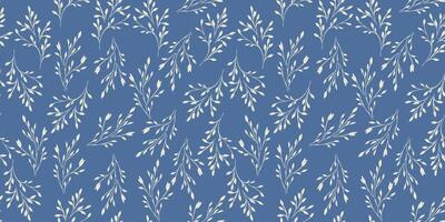 Bi color contour silhouette abstract tiny stems seamless pattern on a blue background. Vector hand drawn sketch. Simple collage gently flat branches printing.Template for design, patterned