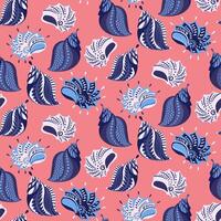 Sea shells seamless pattern with bright blue seashells. Cute marine pink background print. Vector hand drawn sketch. Template for designs, textile, notebook cover, wrapping paper, surface design