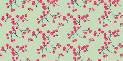 Tiny abstract branches with shape stylized red berries motifs scattered randomly seamless pattern. Simple green background with creative botanical polka dots, drops, spots. Vector hand drawn sketch.