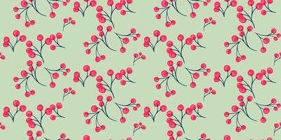 Tiny abstract branches with shape stylized red berries motifs scattered randomly seamless pattern. Simple green background with creative botanical polka dots, drops, spots. Vector hand drawn sketch.