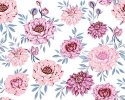 Elegance gently floral with buds and tiny leaves branches seamless pattern on a white background. Abstract artistic stylized flowers peonies, dahlias printing. Vector drawn illustration plants.