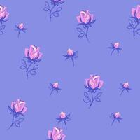 Retro colorful seamless pattern with vector hand draw rose and rosebud. Creative abstract branches flowers on a blue background. Design for fashion, fabric, wallpaper.