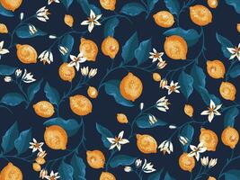 Beautiful dark seamless pattern floral stem with citrus fruits. Vector hand drawn. Artistic abstract branches with lemon, lime, leaves, and blooming flowers print. template for designs, textiles