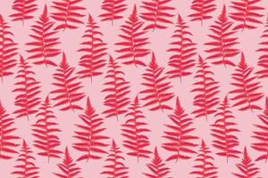 Creative seamless pattern with red shapes leaves branches fern on a pink background. Vector hand drawn sketch. Simple botanical print with artistic abstract leaf stems. Collage for designs, patterned