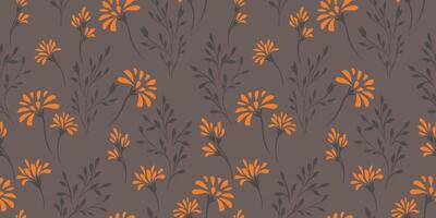 Seamless pattern with tiny abstract flat branches with ditsy flowers, buds drops. Trendy simple stylized spots floral brown background. Vector hand drawn sketch. Template for design, textile, printing