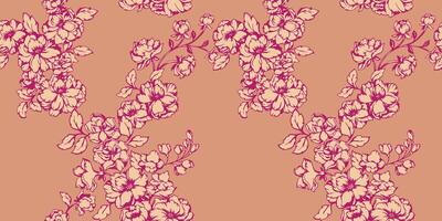 Colorful pink stylized floral seamless pattern on a beige background. Abstract artistic branches flowers with buds leaves printing. Vector drawn illustration. Template for design, fashion, fabric