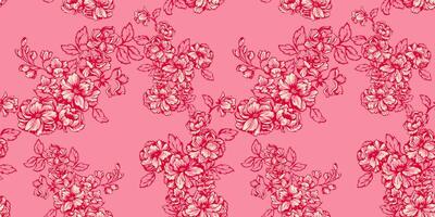 Artistic, abstract branches with flowers, buds, leaves seamless pattern. Stylized simple floral tapestry on a pink background. Vector hand drawn lines outline of flower print. Template for design