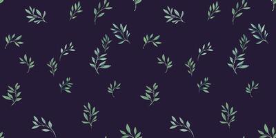 Seamless pattern with green abstract tiny leaves branches scattered randomly on a dark black background. Vector hand drawn sketch. Collage minimalist simple botanical printing.Template for design
