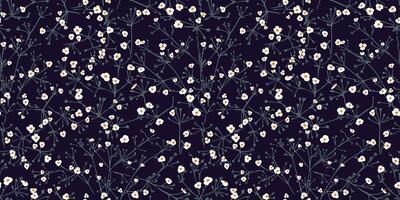 Blossoms tiny abstract ditsy flowers with flat branches seamless pattern on a dark black background. Vector hand drawn sketch. Creative floral drops polka dots printing.Template for design, collage