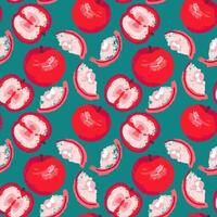 Seamless pattern with abstract, stylized apples and apple slices on a green background. Summer bright red geometric fruits patterned. Vector hand drawn sketch textured printing. Collage for designs