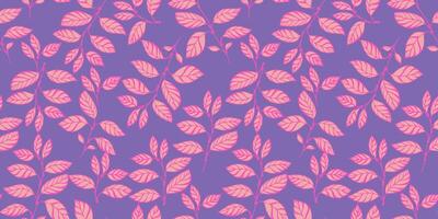 Bright simple creative branches leaves seamless pattern. Vector hand drawn. Abstract pink shape leaf stems on a purple background.Template for design, textile, fashion, print, surface design, fabric