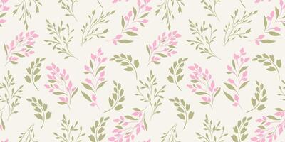 Light pastel seamless pattern with green tiny branches leaves, pink abstract ditsy flowers buds. Vector hand drawn sketch. Simple creative contour silhouette, floral stems spring or summer printing.
