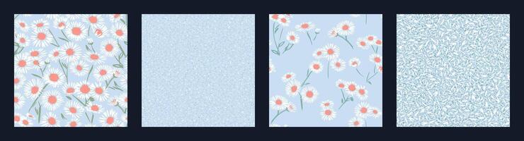 Collage pastel blue of set seamless patterns chamomiles ditsy flowers. Vector hand drawn sketch. Stylized abstract branches daisy flowers printing with simple random spots, polka dots.