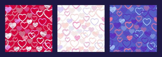 Colorful seamless pattern with hand drawn vector shape hearts. Print with set textured heart silhouettes outline. Valentine, love background. Template for textile, fashion, surface design, fabric
