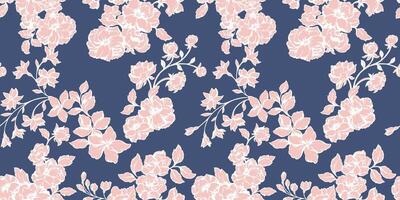 Blooming stylized wild meadow seamless pattern. Gently abstract floral stems pattern on a dark blue background. Artistic creative  branches flowers patterned. Vector hand drawn illustration.