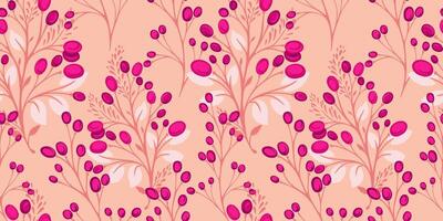 Creative decorative branches with leaves, berries intertwine in a seamless pattern. Colorful, abstract stylized floral stems with drops, spots printing. Vector hand drawn. Template for design