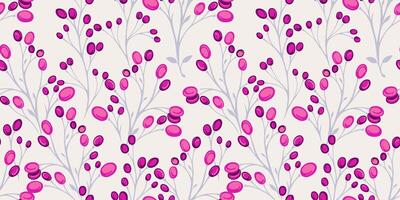 Seamless pattern with pink abstract berries and branches on a white background. Vector hand drawn. Creative stems with shapes dots, drops, spots, polka dots printing. Collage for designs, patterned