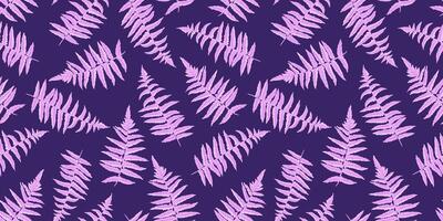Purple abstract shapes branches leaves ferns seamless pattern. Stylized artistic botanical patterned on a dark violet background. Vector hand drawn sketch. Collage for designs, printing