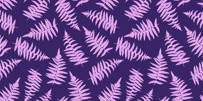 Purple abstract shapes branches leaves ferns seamless pattern. Stylized artistic botanical patterned on a dark violet background. Vector hand drawn sketch. Collage for designs, printing