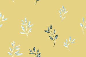 Minimalist seamless pattern with abstract tiny leaves branches. Vector hand drawn sketch. Collage yellow simple flat botanical background. Template for design, printing, textile, fabric, patterned