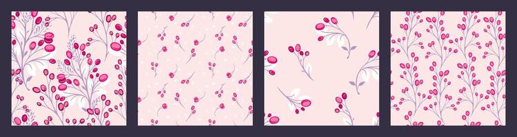 Pastel light pink collage of set seamless patterns with creative, abstract branches tiny leaves and stylized shapes berries, drops, spots. Vector hand drawn sketch. Templates for design, printing