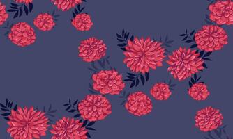 Bright red stylized flowers dahlias and branches leaves intertwine in a seamless pattern. Abstract artistic floral on a dark blue background. Vector hand drawn sketch illustration. Design