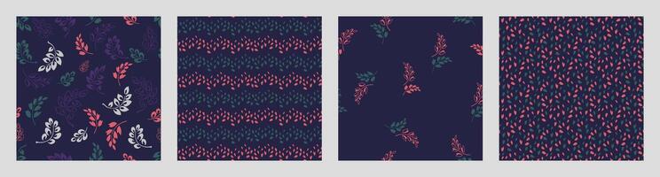 Collage of abstract square set backgrounds with tiny creative abstract leaves, sketch polka dots, rhombus, random drops, textures. Vector hand drawn sketch dark simple seamless patterns.