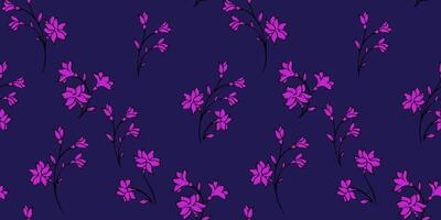 Minimalist abstract tiny wild floral stems with buds, leaves seamless pattern. Simple violet flowers scattered randomly on a dark blue background. Vector hand drawn sketch. Collage for designs, print