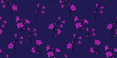 Minimalist abstract tiny wild floral stems with buds, leaves seamless pattern. Simple violet flowers scattered randomly on a dark blue background. Vector hand drawn sketch. Collage for designs, print