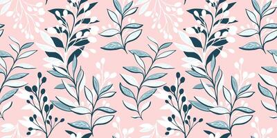 Seamless pattern with abstract, graphic stem leaves, branches berries. Vector hand drawn. Creative stylized floral on a pink background.  Template for design, fashion, fabric, printing