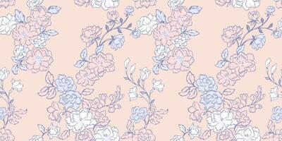 Vector hand drawn abstract, stylized, branches flowers internment in a seamless pattern. Creative gentle light pastel lines floral background. Template for textile, fashion, printing, design, fabric