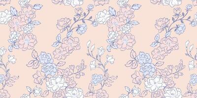 Vector hand drawn abstract, stylized, branches flowers internment in a seamless pattern. Creative gentle light pastel lines floral background. Template for textile, fashion, printing, design, fabric