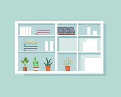 Book self with table, laptop and office plant flat illustration vector