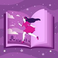 A girl inside a fantasy book between the pages. Vector illustration