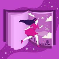 A girl inside a fantasy book between the pages. Vector illustration