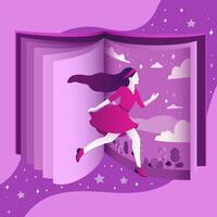 A girl inside a fantasy book between the pages. Vector illustration