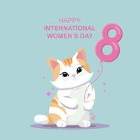 International women's day. Cat with a balloon in the shape of the number 8. Greeting card. Flat vector illustration