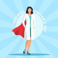 National Doctor's Day. Female doctor with red superhero cape. Vector illustration.