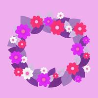 Spring circular wreath with flowers and leaves. Flat vector illustration