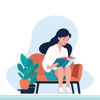 A girl reads a book on an armchair. Flat vector illustration