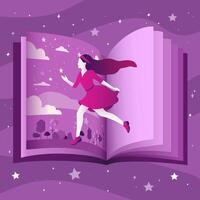 A girl inside a fantasy book between the pages. Vector illustration